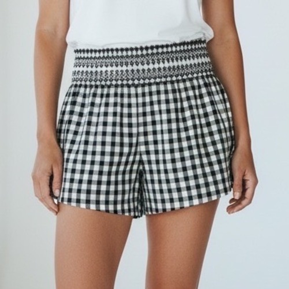 Rewash Brand Womens Gingham Smocked‎ High Waist Shorts Black White Retro Boho XS
